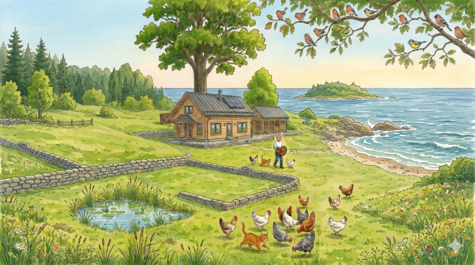 Timmerhus vid havet med tomt, katt, höns och skärgårdsö i bakgrunden